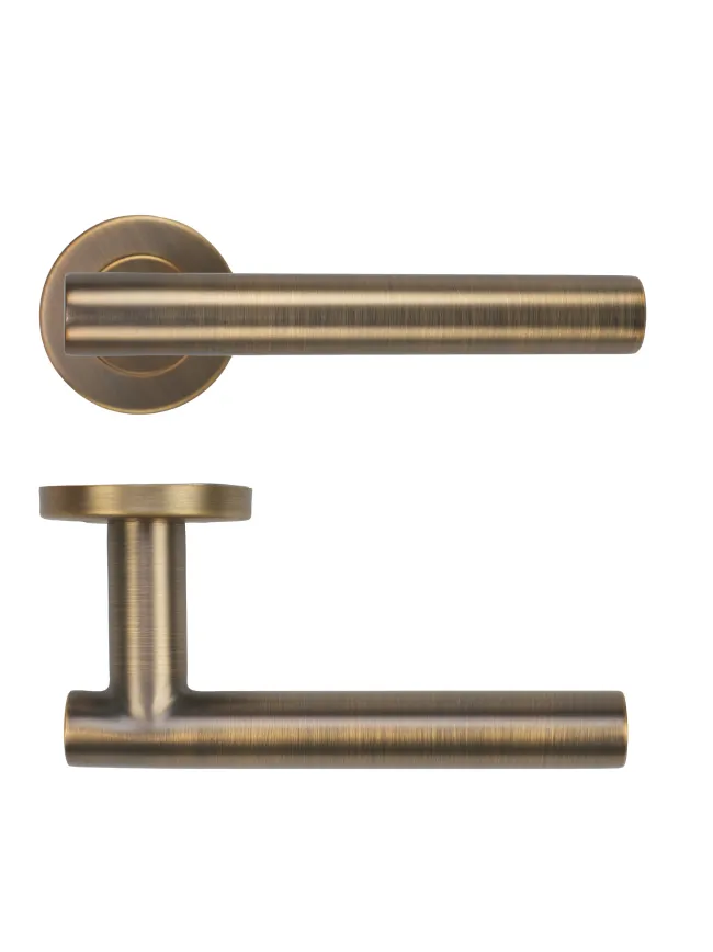 Zoo Hardware 19mm Straight T-Bar Lever on Round Rose 52mm x 8mm Push-on Rose - BS EN 1906 Grade 3 - Grade 201 - Antique Brass