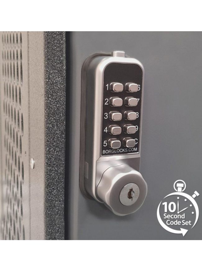 Borg BL1706 SC ECP - Mini Easicode Pro Vertical Cabinet Lock With Key Override - Knurled Knob, Inside Cam Turn Mechanism, Satin Chrome Finish