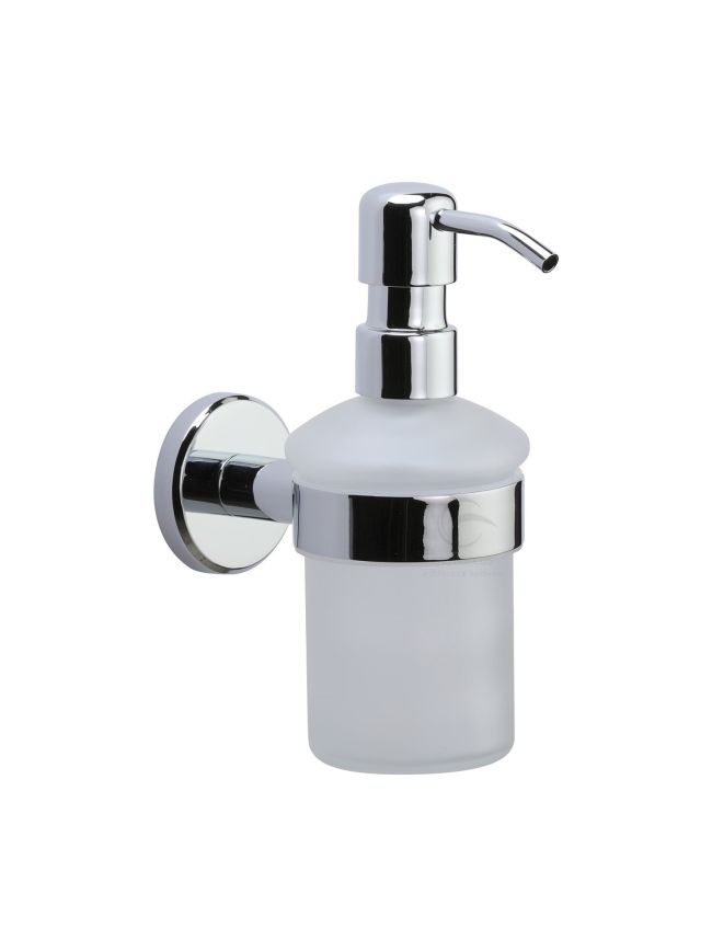 Oxford Soap Dispenser. Wall Mounted with Frosted Glass and high quality STS pump. Polished Chrome finish