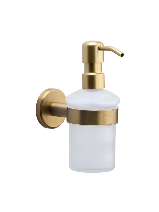 Oxford Soap Dispenser. Wall Mounted with Frosted Glass and high quality STS pump. Satin Brass finish
