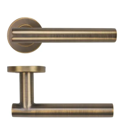Zoo Hardware 19mm Straight T-Bar Lever on Round Rose 52mm x 8mm Push-on Rose - BS EN 1906 Grade 3 - Grade 201 - Antique Brass