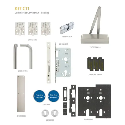 Zoo Hardware Fire Door Pack - FDP-C11-30/60 - Corridor - Locking - Commercial Version - Inc ZDC0024A-SSS - Stainless Steel