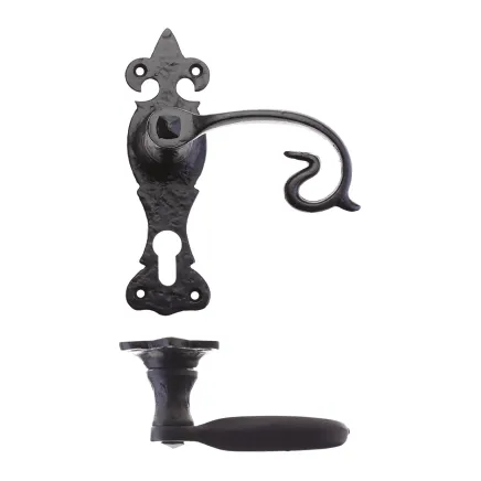 Zoo Hardware Scroll Lever on Fleur De Lys Backplate - 6" - Euro - Black