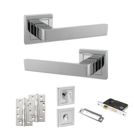 STATUS Montana Door Handle Pack (Bathroom Set - 2.5" CE Bathroom Lock, 4" Slim Knuckle Hinges x2) - Polished Chrome