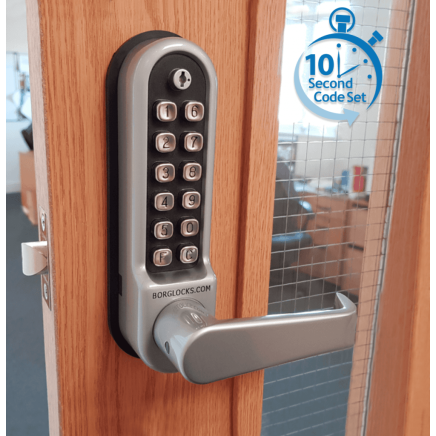 Borg BL5400 SS ECP - Easicode Pro, Flat Bar Lever Handle Keypad & Flat Bar Inside Handle (No Device/With Optional Free Passage), Stainless Steel (SS) Finish