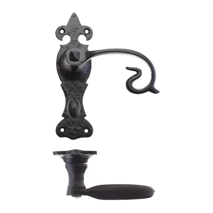 Zoo Hardware Scroll Lever on Fleur De Lys Backplate - 6" - Bathroom - Black