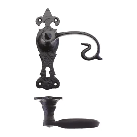 Zoo Hardware Scroll Lever on Fleur De Lys Backplate - 6" - Lock - Black
