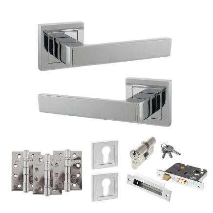 STATUS Montana Door Handle Pack (Euro Lock Set - 2.5" CE Sashlock, 4" Fire Rated Hinges x3) - Polished Chrome