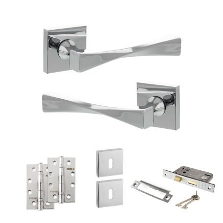 Senza Pari Guido Door Handle Pack (3 Lever Lock Set - 3" CE Sashlock, 4" Slim Knuckle Hinges x2) - Polished Chrome