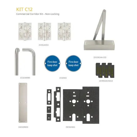 Zoo Hardware Fire Door Pack - FDP-C12-30/60 - Corridor - Non Locking - Commercial Version - Inc ZDC0024A-SSS - Stainless Steel