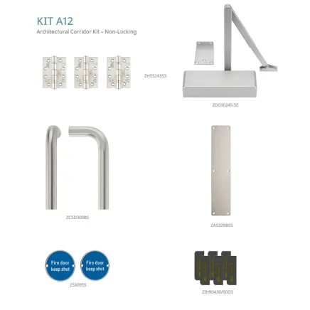 Zoo Hardware Fire Door Pack - FDP-A12-30/60 - Corridor - Non Locking - Architectural Version - Inc ZDC0024S - Stainless Steel