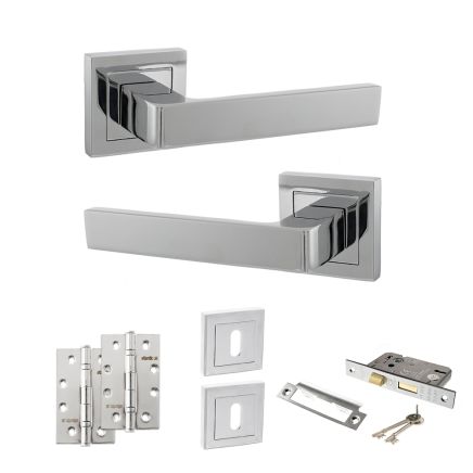 STATUS Montana Door Handle Pack (3 Lever Lock Set - 2.5" CE Sashlock, 4" Slim Knuckle Hinges x2) - Polished Chrome